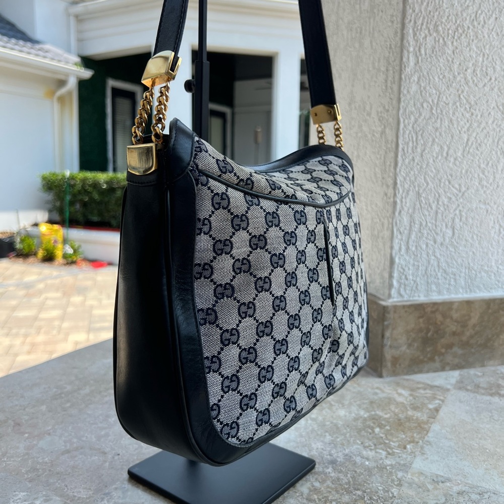 Gucci Black & Beige GG Canvas Shoulder Bag with Gold Hardware - Picture 7 of 16